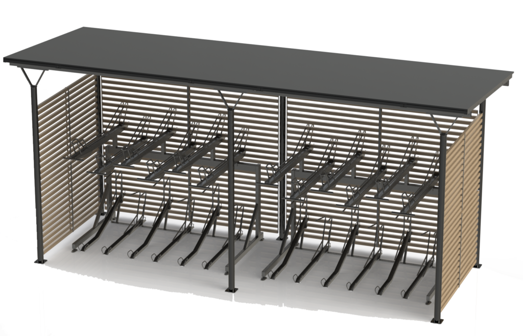 Basta 2 vånings cykeltak. Cykelförvaring. Cykelparkering. Utemiljö.