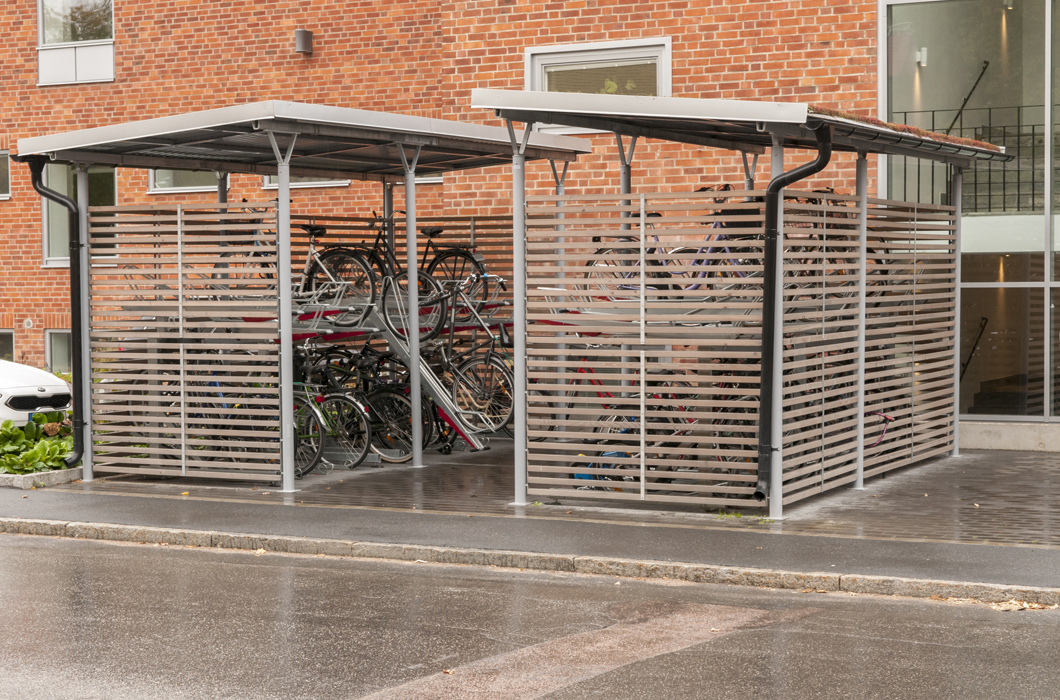 Cykeltak Basta två våningar. Cykelgarage. Cykelparkering.