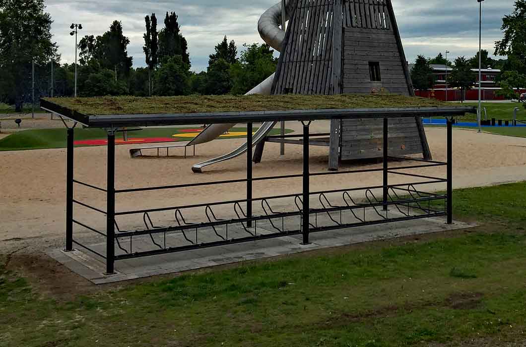 Cykeltak Basta. Cykelgarage. Cykelparkering.