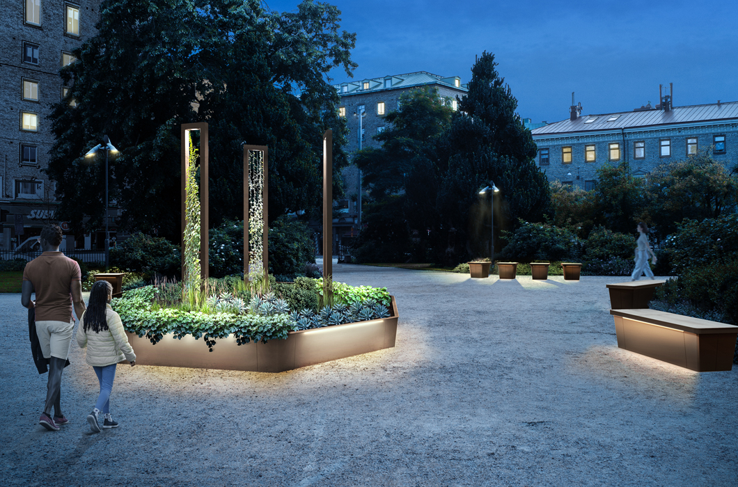 Planteringskärl Haga med tillhörande sittytor och kompletterande LED-belysning.