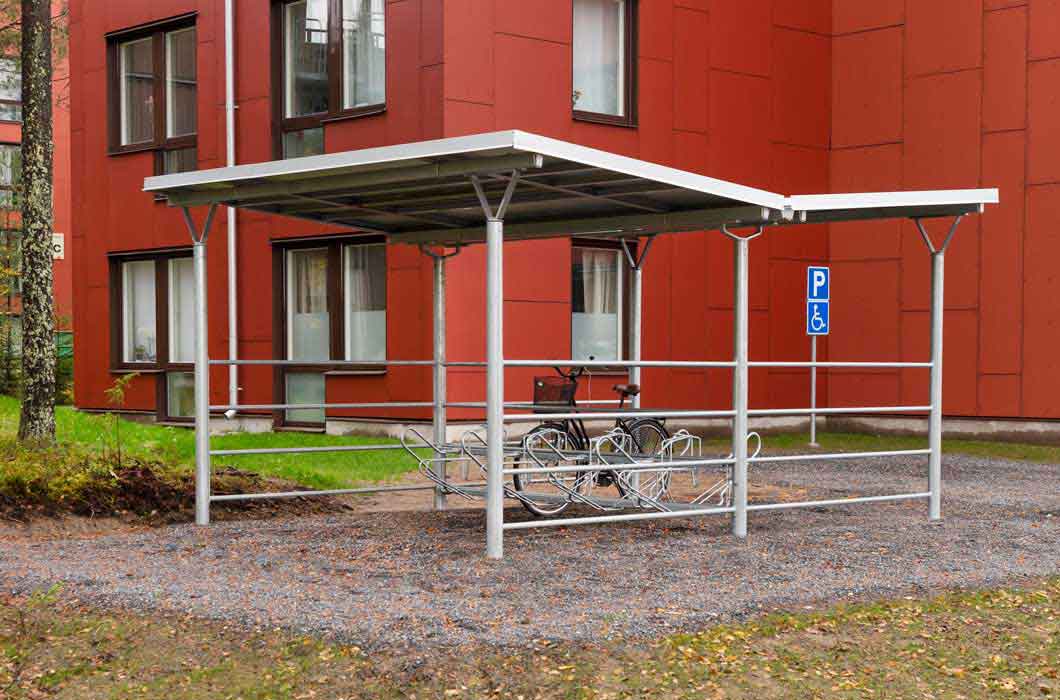Cykeltak Basta dubbelsidig inkörning. Cykelgarage. Cykelparkering.