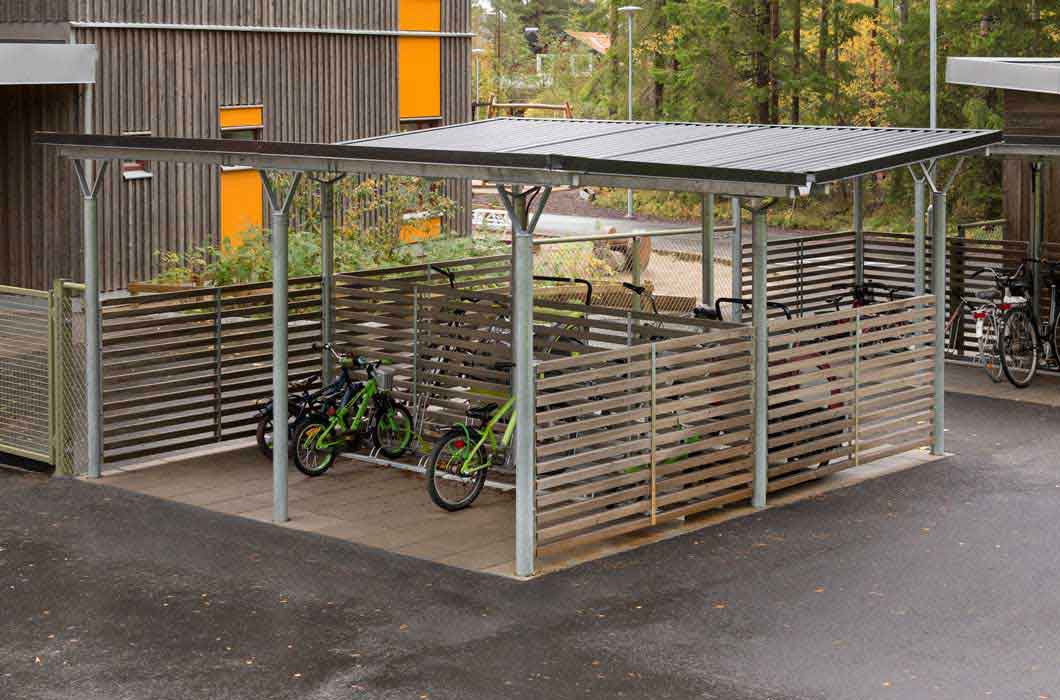 Cykeltak Basta dubbelsidig inkörning. Cykelgarage. Cykelparkering.