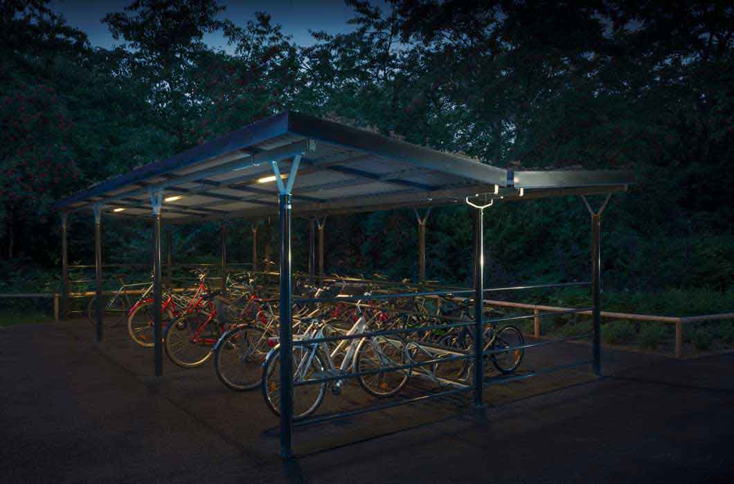 Cykeltak Basta dubbelsidig inkörning. Cykelgarage. Cykelparkering.